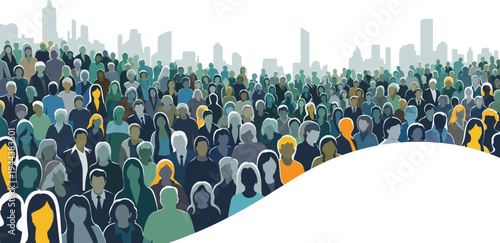 Diverse crowd of people silhouetted against a city skyline