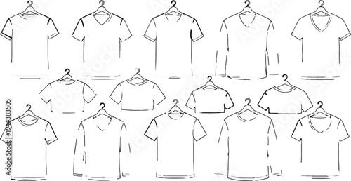 Diverse collection of sketched t-shirts on hangers, varying necklines
