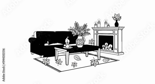 Cozy living room vignette with couch, coffee table, vase, fireplace, and fall leaves