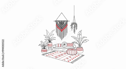 Cozy living room sketch with plants, macrame, and patterned rug