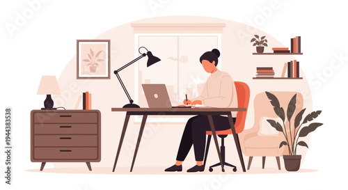 Woman Working from Home on Laptop and Writing in Cozy Home Office. Remote Work, Study, and Productivity Illustration.
