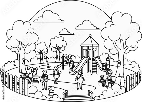 Diverse children and adults enjoy a vibrant outdoor playground with swings