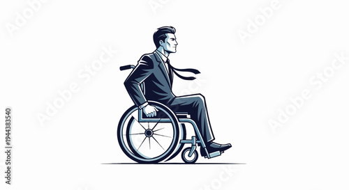 Businessman in wheelchair moves forward, representing ambition and resilience