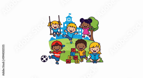 Diverse cartoon children enjoy schoolyard activities like playing, swinging, and reading