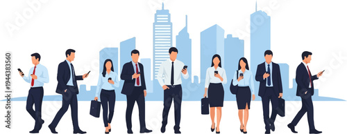 Diverse business professionals interacting with smartphones amidst a city skyline