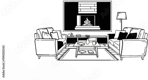 Cozy living room with fireplace, sofas, coffee table, and lamp