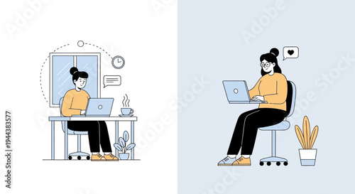 Woman Working on Laptop Illustrations: Remote Work, Online Collaboration, Home Office, and Freelance Job Concepts