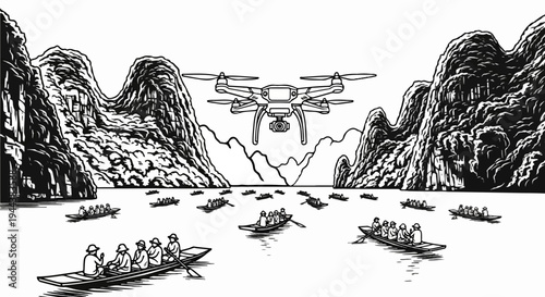Diverse boats navigate waters between dramatic karst mountains under a hovering drone