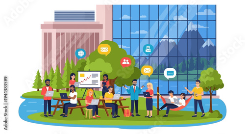 Outdoor Team Collaboration: Diverse Professionals Working in a Flexible Modern Workplace with Digital Communication Icons and Nature Background