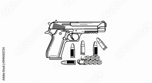 Detailed black and white illustration of a handgun with scattered ammunition