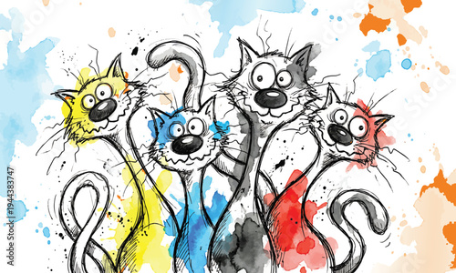 Messy Sketch of Crazy Cats with Colorful Splatters Vector