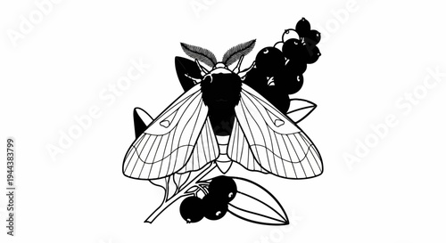Detailed black and white illustration of a moth perched on a branch with berries