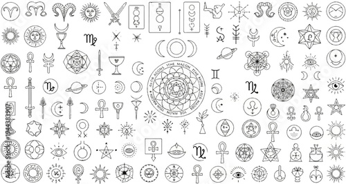 Collection of esoteric symbols, celestial bodies, and astrological signs in black outline