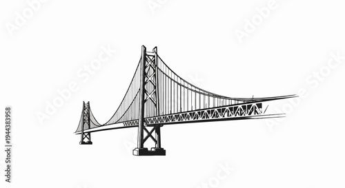 Detailed black and white illustration of a suspension bridge with towers and cables