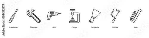 Handy Tools web banner icon vector illustration featuring Screwdriver, Chainsaw, Drill, Clamps, Putty Knife, Fretsaw, and Ruler.