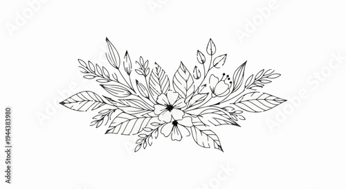 Delicate line drawing of a floral arrangement with leaves and blooms