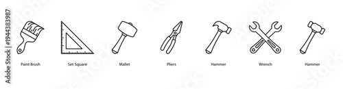 Construction Gear web banner icon vector illustration featuring Paint Brush, Set Square, Mallet, Pliers, Hammer, Wrench, and Hammer.