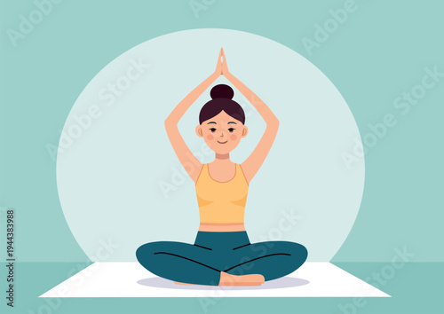 Flat vector illustration of a smiling woman practicing yoga in a seated lotus pose on a white mat. She raises her hands in a prayer position against a teal background. Wellness and mindfulness concept