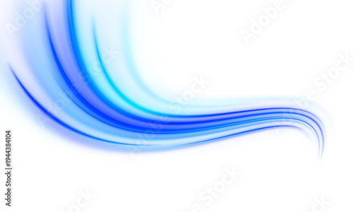Blue-cyan glowing trails flow across a transparent PNG. Polygonal shapes orbit the neon paths, creating abstract motion. Great for tech banners.