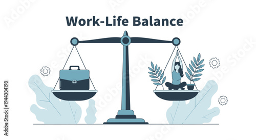 Work-Life Balance Concept: Vector Illustration of Scales Balancing Professional Career (Briefcase) with Personal Well-being, Meditation, and Nature.