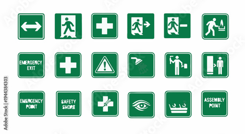 Collection of green safety and emergency signs with white pictograms and text