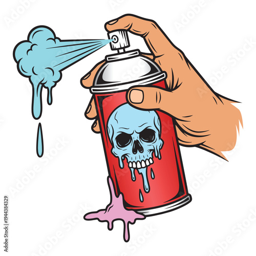Hand Holding Skull Spray Paint Can Pop Art Vector