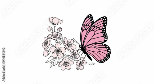 Delicate pink butterfly rests on blooming branches of light pink flowers