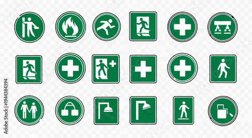 Collection of green safety signs for various situations