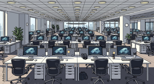 Empty Modern Office Space with Rows of Desks and Computers