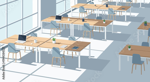 Empty Modern Office Space with Sunlight and Desks