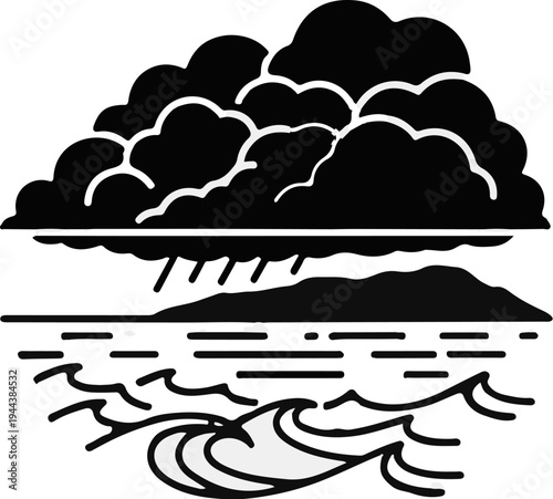 Dark storm clouds loom over an island and churning ocean waves