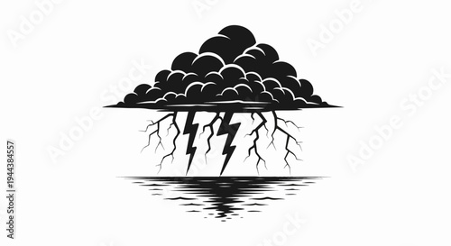 Dark storm clouds with lightning striking water, reflected below