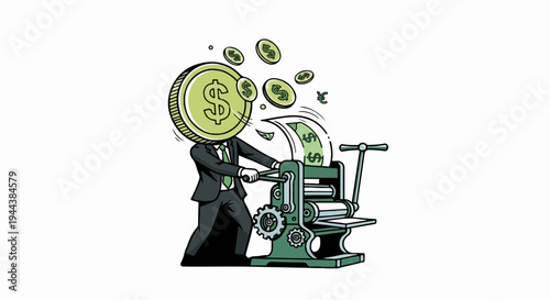 Businessman with coin head operating press that produces money