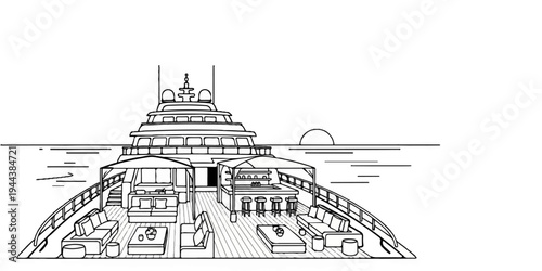 Deck of a luxury yacht at sunset, featuring seating areas and a bar