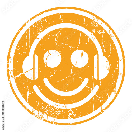 Grunge Yellow Smiley Face Wearing Headphones Vector Illustration