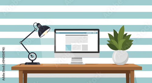 Minimalist Desktop Workspace with Computer Monitor, Lamp, and Plant