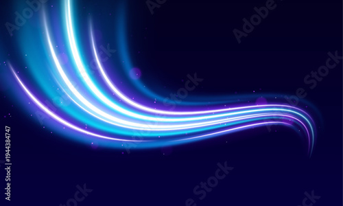 High-speed neon streaks flash across a dark city road. Glowing blue and purple lines illustrate rapid motion and energy. Perfect for futuristic tech backgrounds.