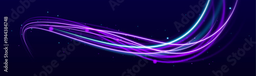 Abstract light ribbons flow in purple and cyan hues. Glowing motion trails illustrate speed and fluidity. Perfect for modern digital art and sci-fi designs.