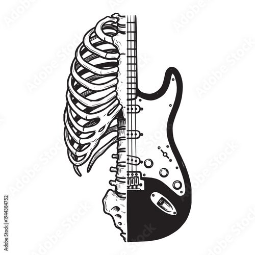 Half Electric Guitar Half Skeleton Ribcage Anatomy Concept Vector