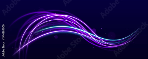 Blue and purple light streaks spiral across a dark road. Dynamic motion and glowing trails convey high-speed energy. Perfect for futuristic racing visuals.