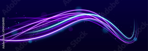 Purple neon waves swirl across a dark abstract background. Particle effects and glowing trails emphasize dynamic movement. Ideal for futuristic digital art.