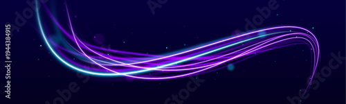 Dynamic blue and purple neon lines twist across a city road. Motion trails create a high-speed, glowing effect. Ideal for night digital and cyberpunk visuals.