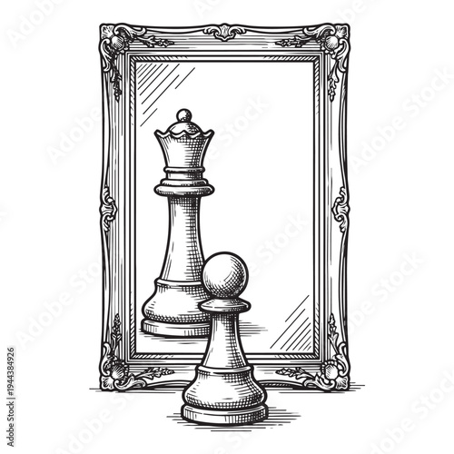 Chess Pawn Looking in Mirror Seeing Queen Strategy Concept Vector