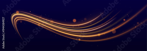 Bright golden streaks flow along a curved path on a dark PNG. Motion trails highlight speed and energy. Perfect for futuristic technology visuals.