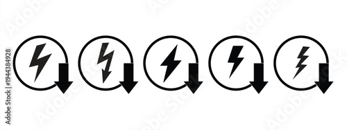 Energy saving icon. Symbol for environmental friendliness, electrical efficiency, and low power consumption. Lightning bolt with a downward arrow. Vector illustration.