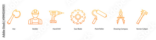 Precision Tools web banner icon vector illustration featuring Axe, Builder, Hand Drill, Saw Blade, Point Roller, Drawing Compass, and Vernier Caliper.