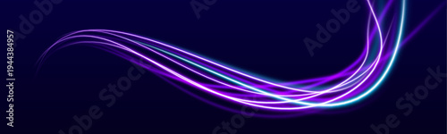Violet and blue neon streaks curve dynamically across a night highway. Motion blur and glowing particles emphasize speed and urban energy. Perfect for futuristic visuals.