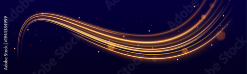 Golden neon streaks twist across a dark highway PNG. Motion blur highlights dynamic energy and speed. Perfect for futuristic city visuals.