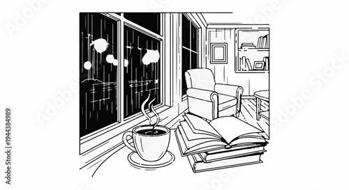 Cozy room scene with a steaming cup of coffee and open books by window