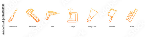 Handy Tools web banner icon vector illustration featuring Screwdriver, Chainsaw, Drill, Clamps, Putty Knife, Fretsaw, and Ruler.